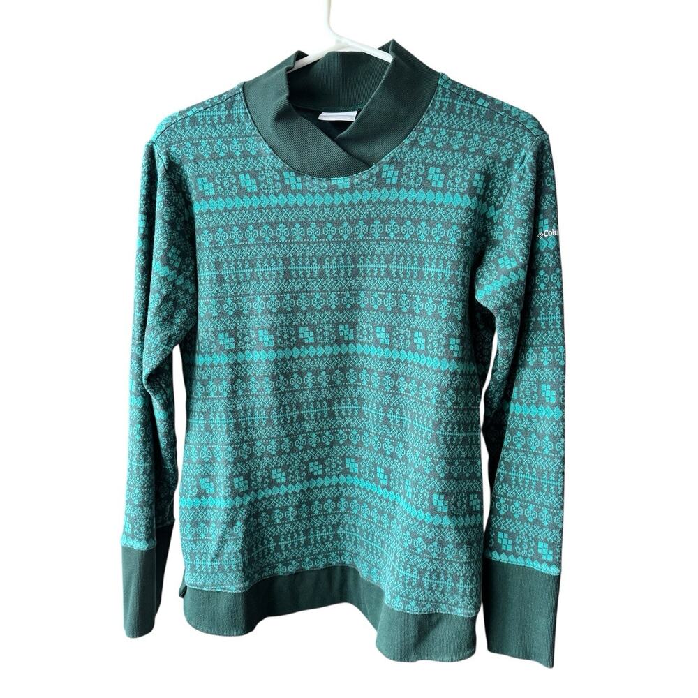 Columbia Women's XL Green Fair Isle Pullover Cotton Sweater Warm Shawl Collar